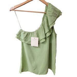 Green Ruffled One Shoulder Top Easy Clothes S Viscose/Linen Womens Blouse